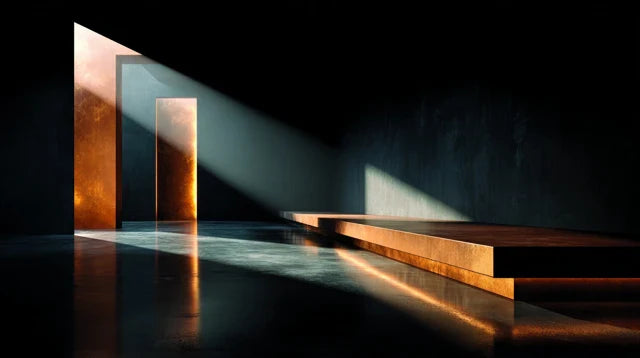 The Invisible Interior — dark editorial interior, single amber light beam